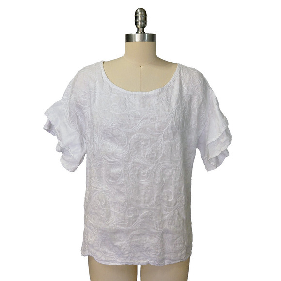 Valentina Naldi White Linen Top Size S Flutter Ruffle Sleeve Embroidered Italy - Picture 1 of 7